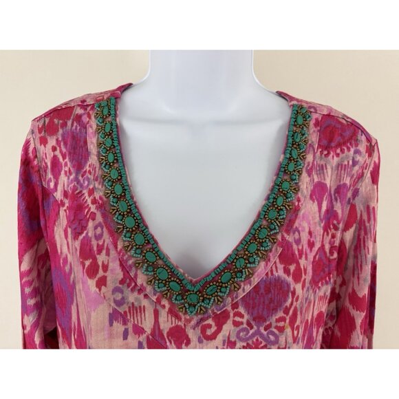 SOFT SURROUNDINGS Beaded V-Neck 3/4 Sleeve Pink Multi Tunic Top Sz L - Picture 2 of 6